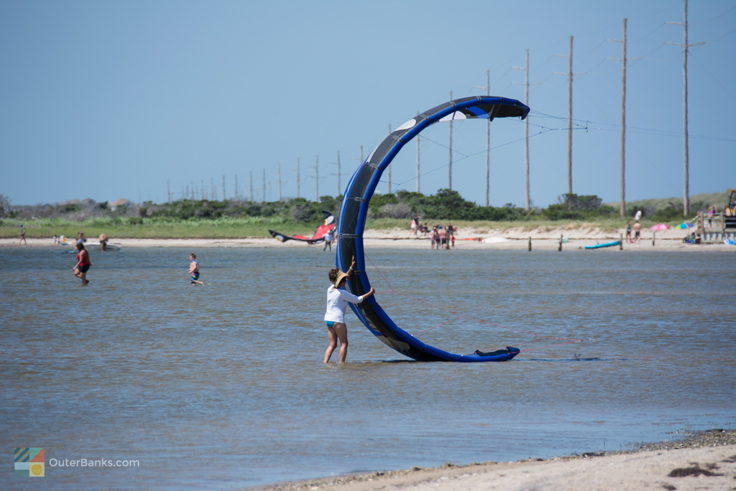Kiteboarders launching at Canadian Hole on the Pamlico Sound