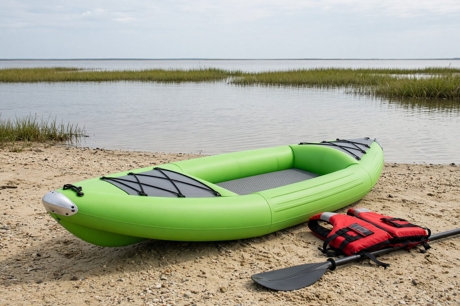 A green inflatable kayak on a soundside beach on Hatteras Island