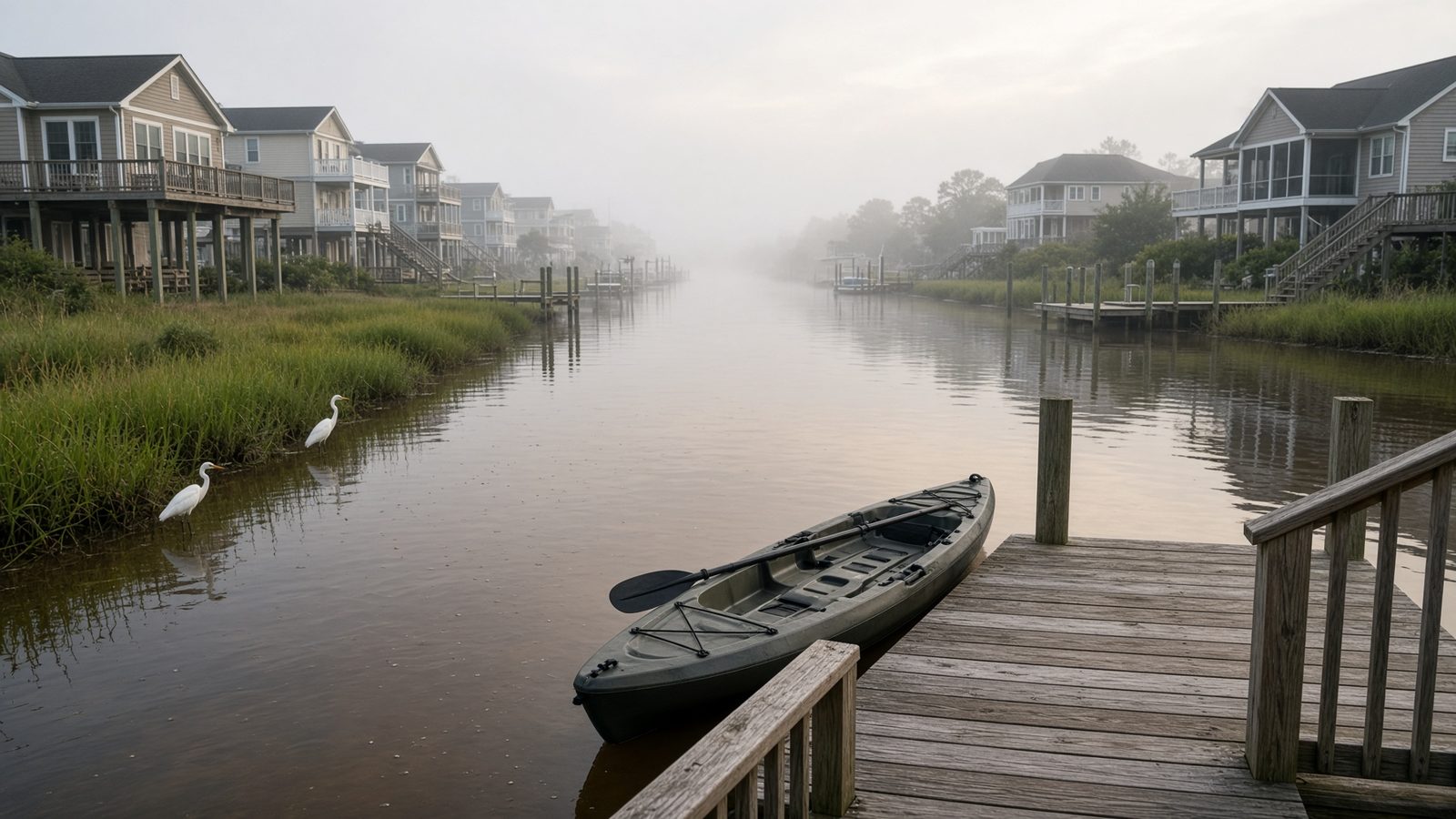 A kayak docked on a quiet soundside canal on Hatteras Island in the early morning