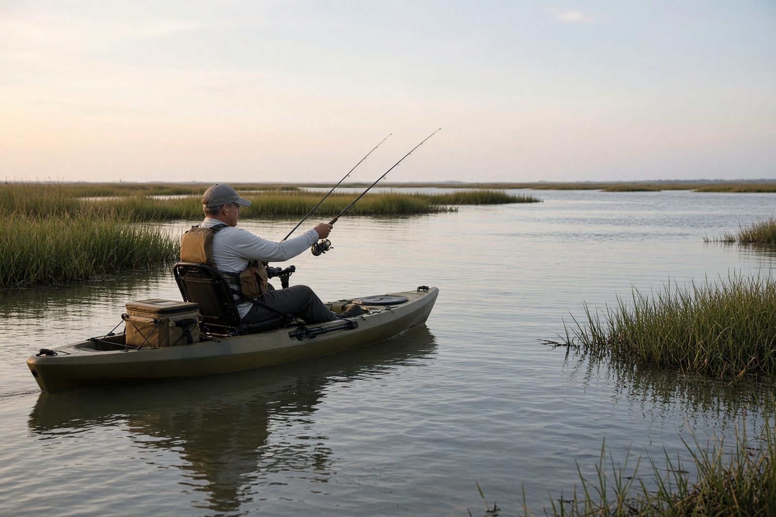 An angler fishing from a kayak in the marsh grass along Pamlico Sound