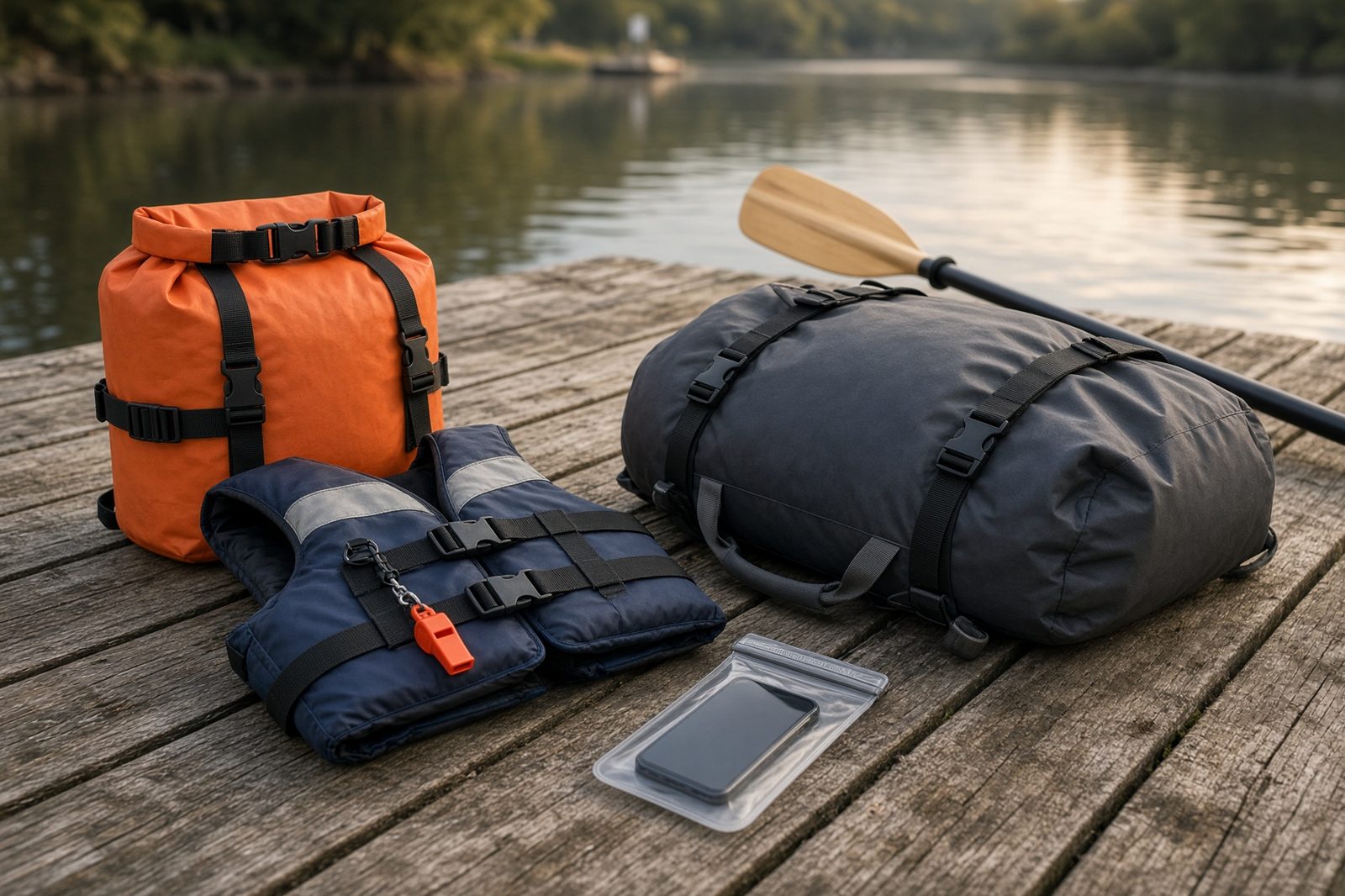 Kayak safety gear laid out on a dock: dry bags, PFDs, a whistle and a waterproof phone pouch