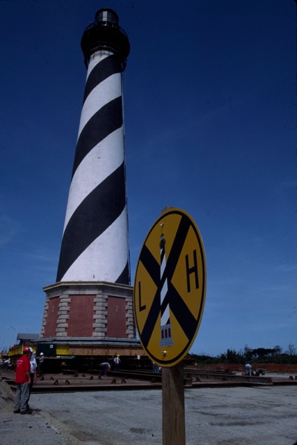 The 'Lighthouse Crossing, 1999' sign placed by NPS staff during the lighthouse relocation