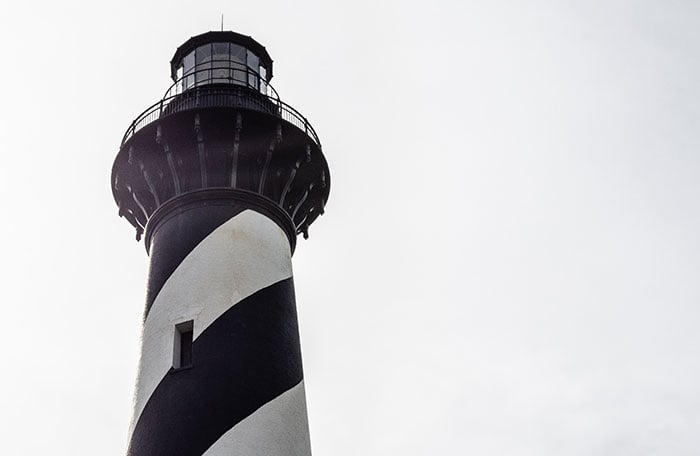 Cape Hatteras Lighthouse's black-and-white spiral daymark from below, Buxton, NC