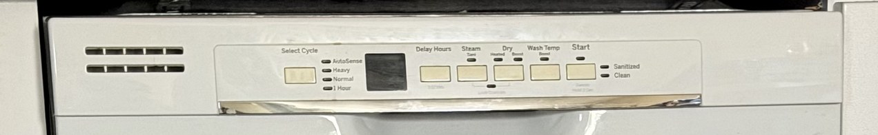 Control panel of the GE dishwasher showing cycle and option buttons