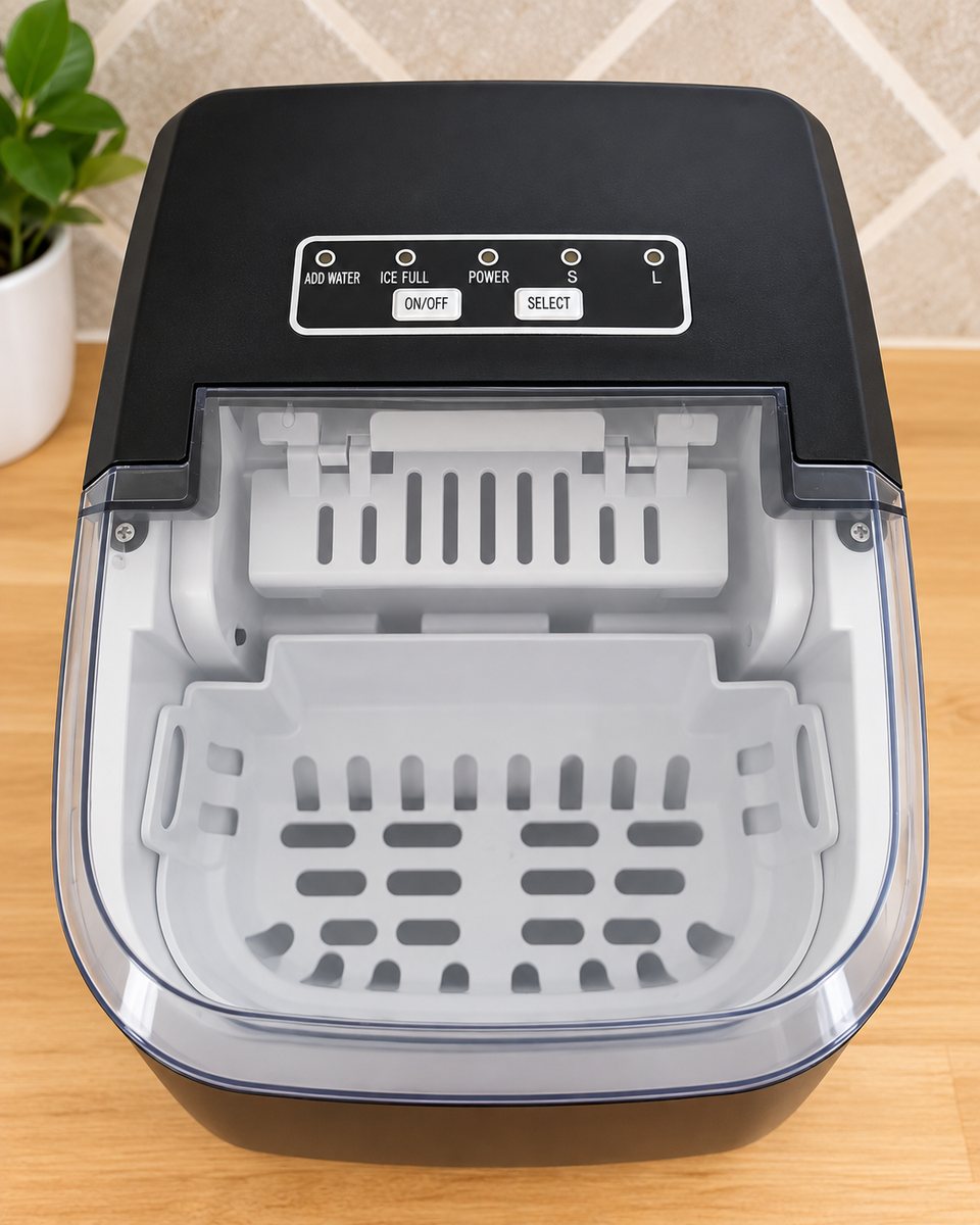 PowerXL countertop ice maker with lid open showing the control panel and basket