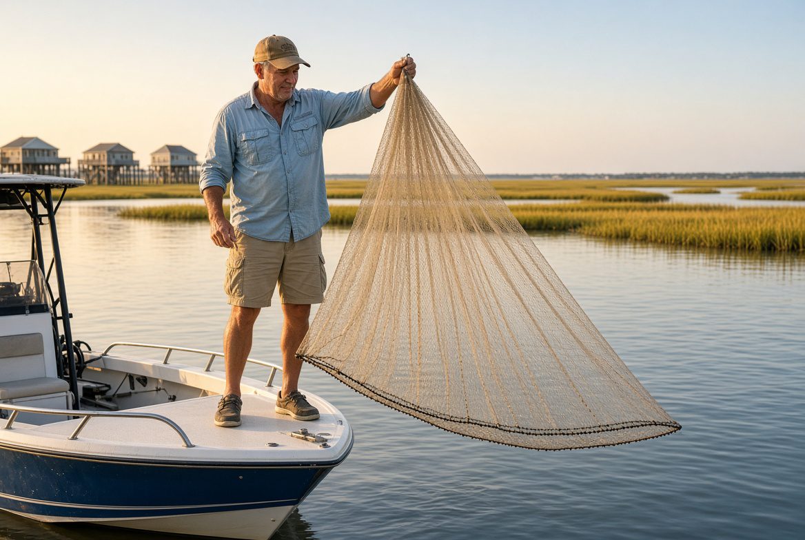 Holding a cast net by the horn with the weighted edge hanging clear