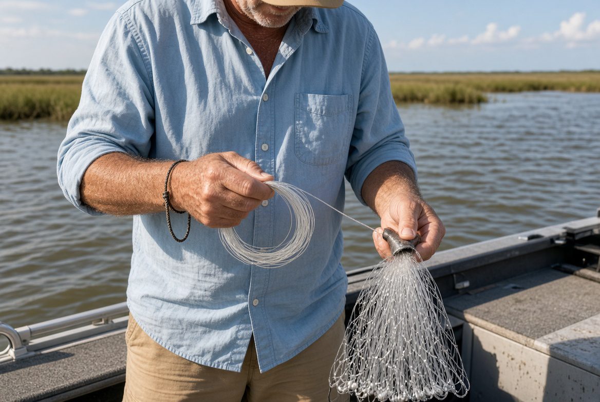 Coiling the cast net handline in loose loops