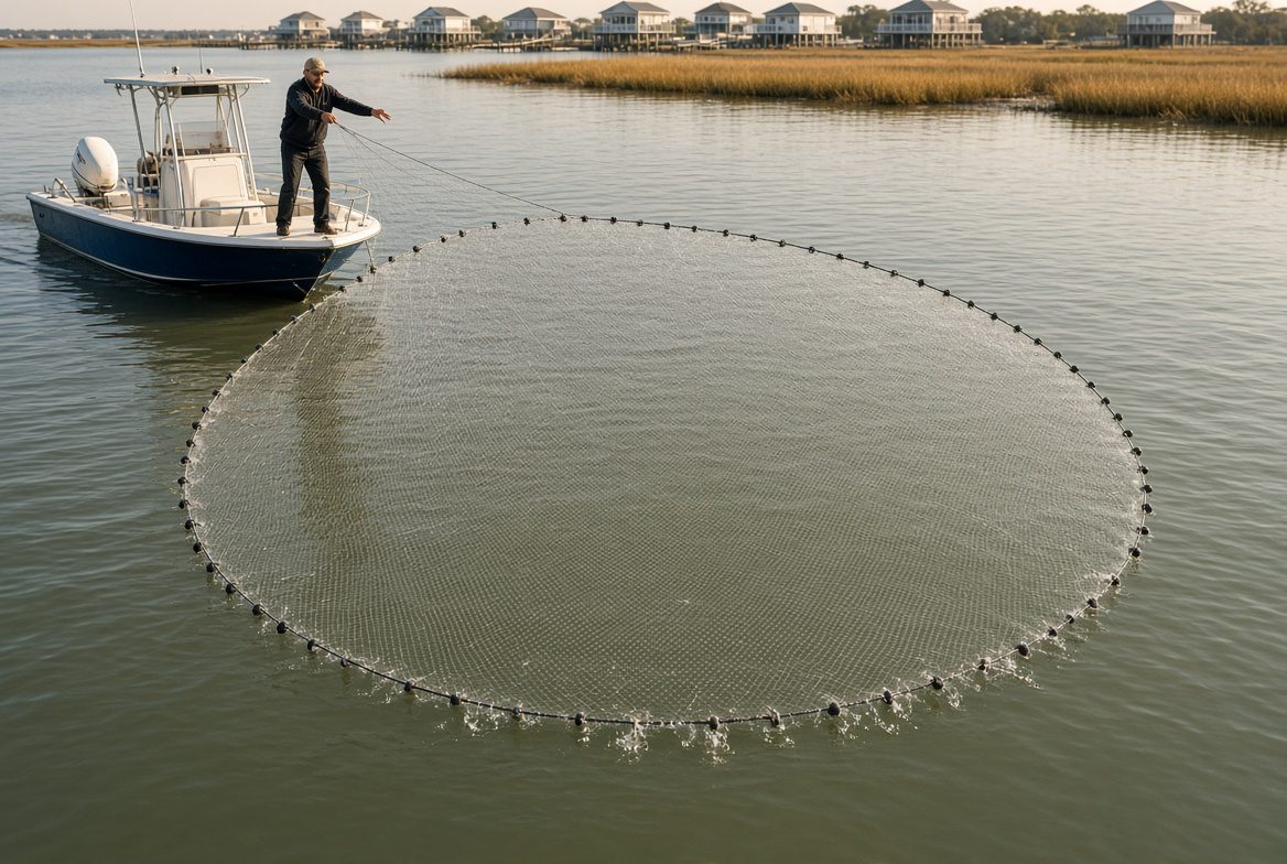A cast net landing open in a full circle on the water