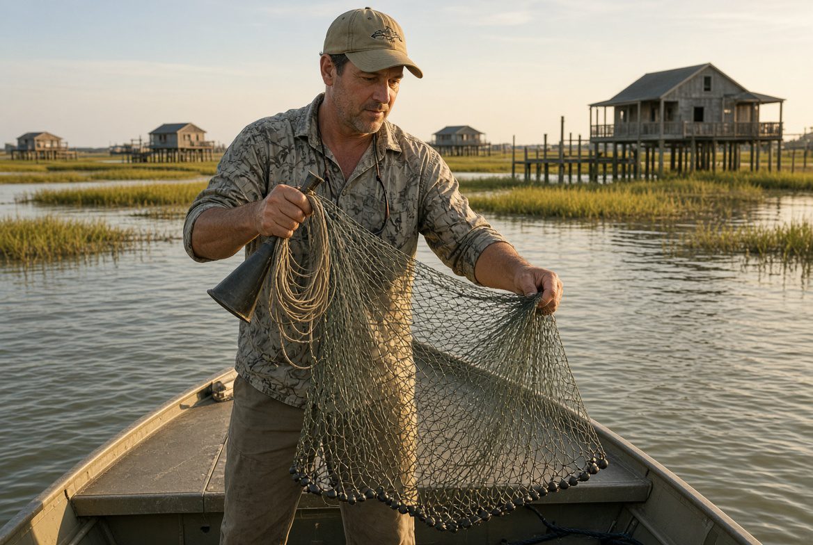 Close-up of a cast net horn, mesh, and weighted lead line