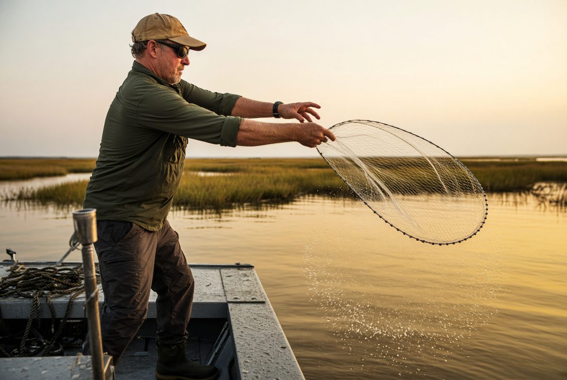 Releasing a cast net upward and outward over the water