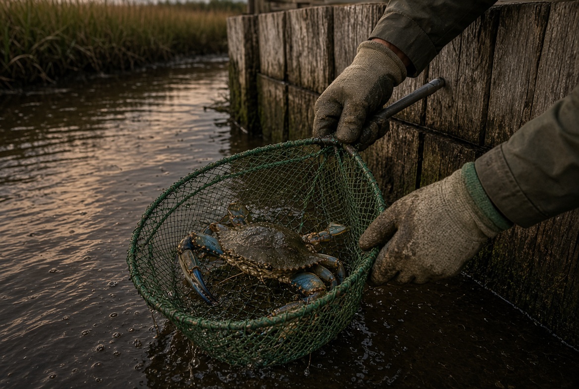 A blue crab lifted in a dip net from canal water