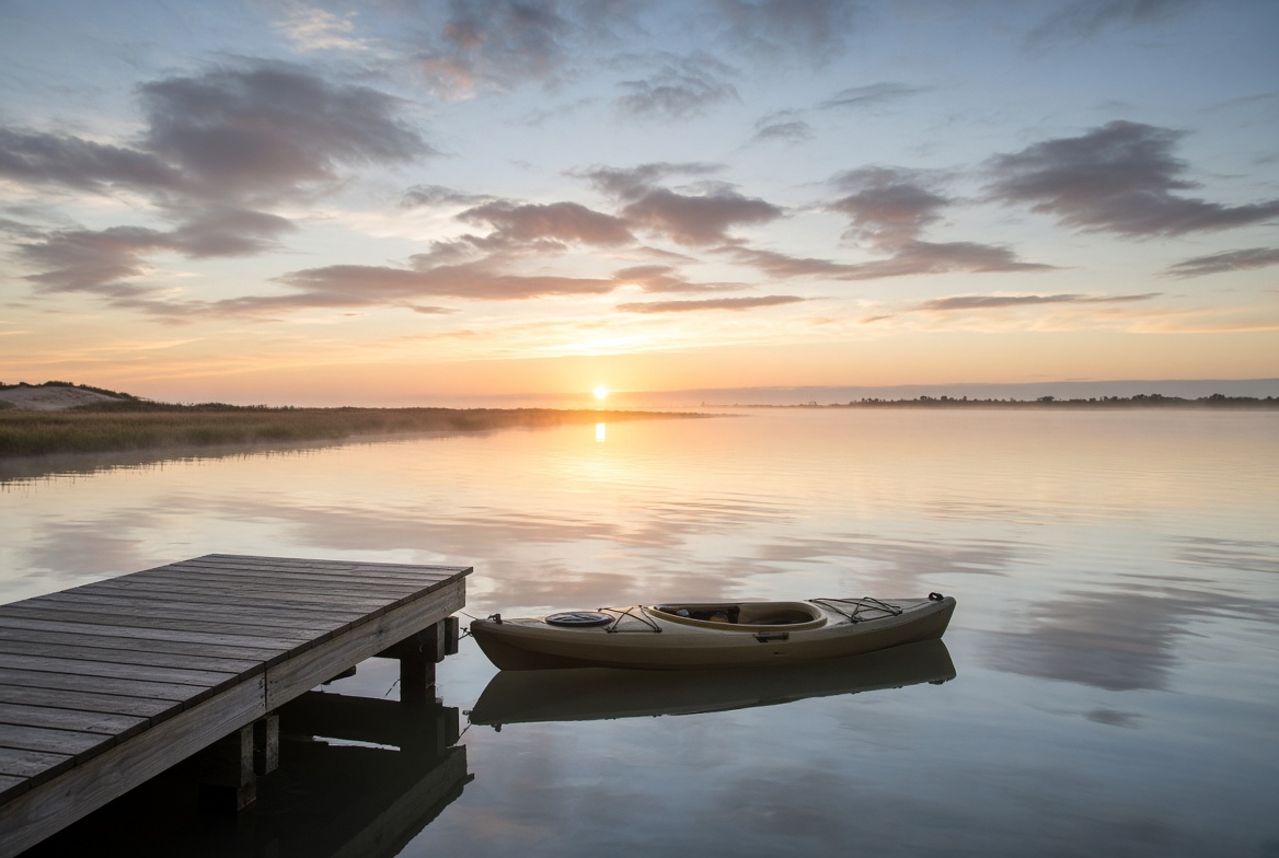 A kayak on calm sound water at sunrise