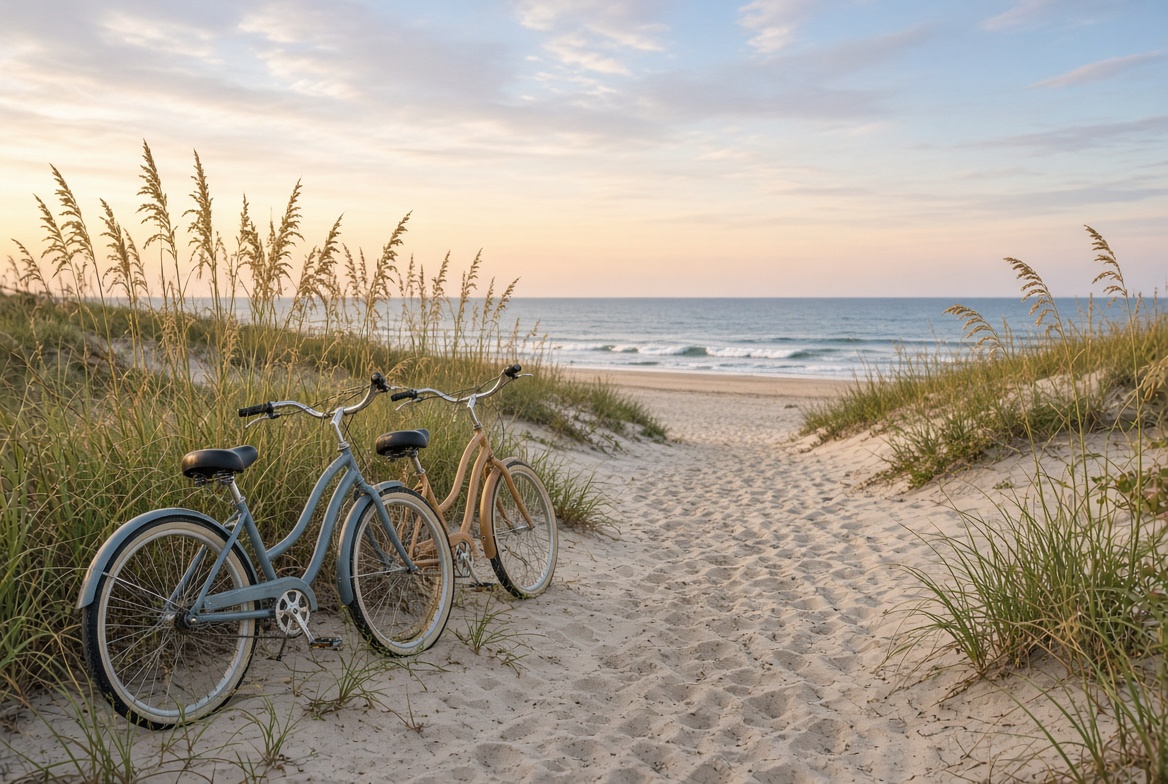 Beach cruiser bikes parked in the sea oats