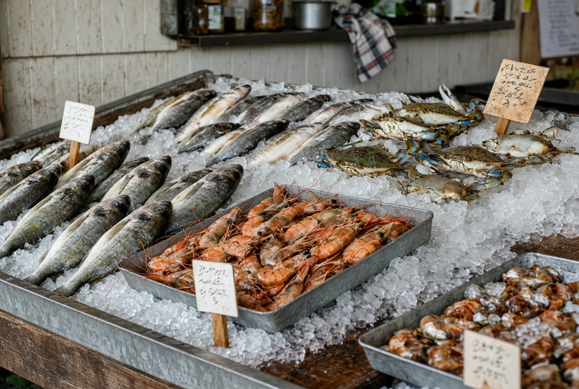 Iced shrimp, whole fish, and blue crabs on display at a fish house
