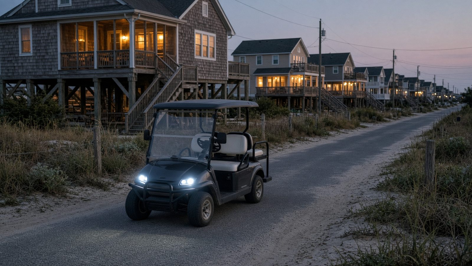 A four-seat low-speed vehicle on a quiet Avon side street of stilt homes at dusk, Hatteras Island