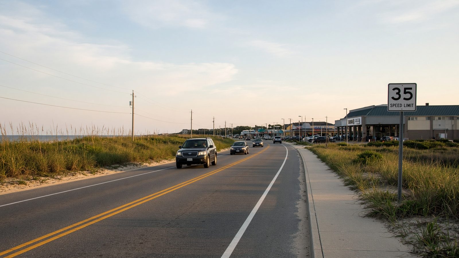 North Carolina Highway 12 through Avon, a two-lane coastal highway with a 35 mph speed limit