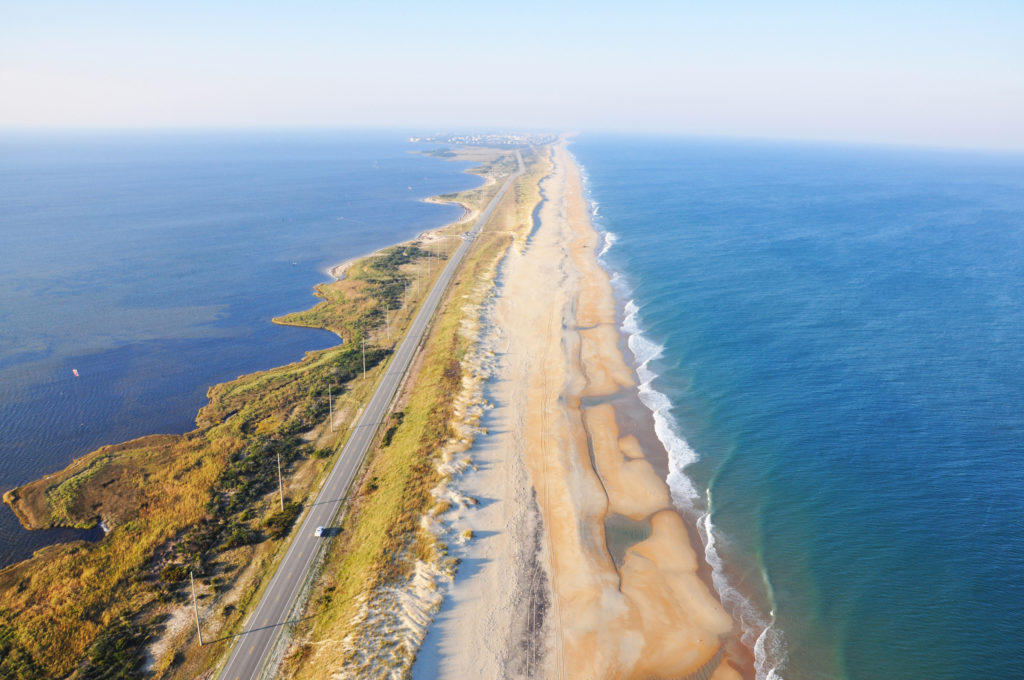 Aerial view of NC Highway 12 running through Avon, Hatteras Island