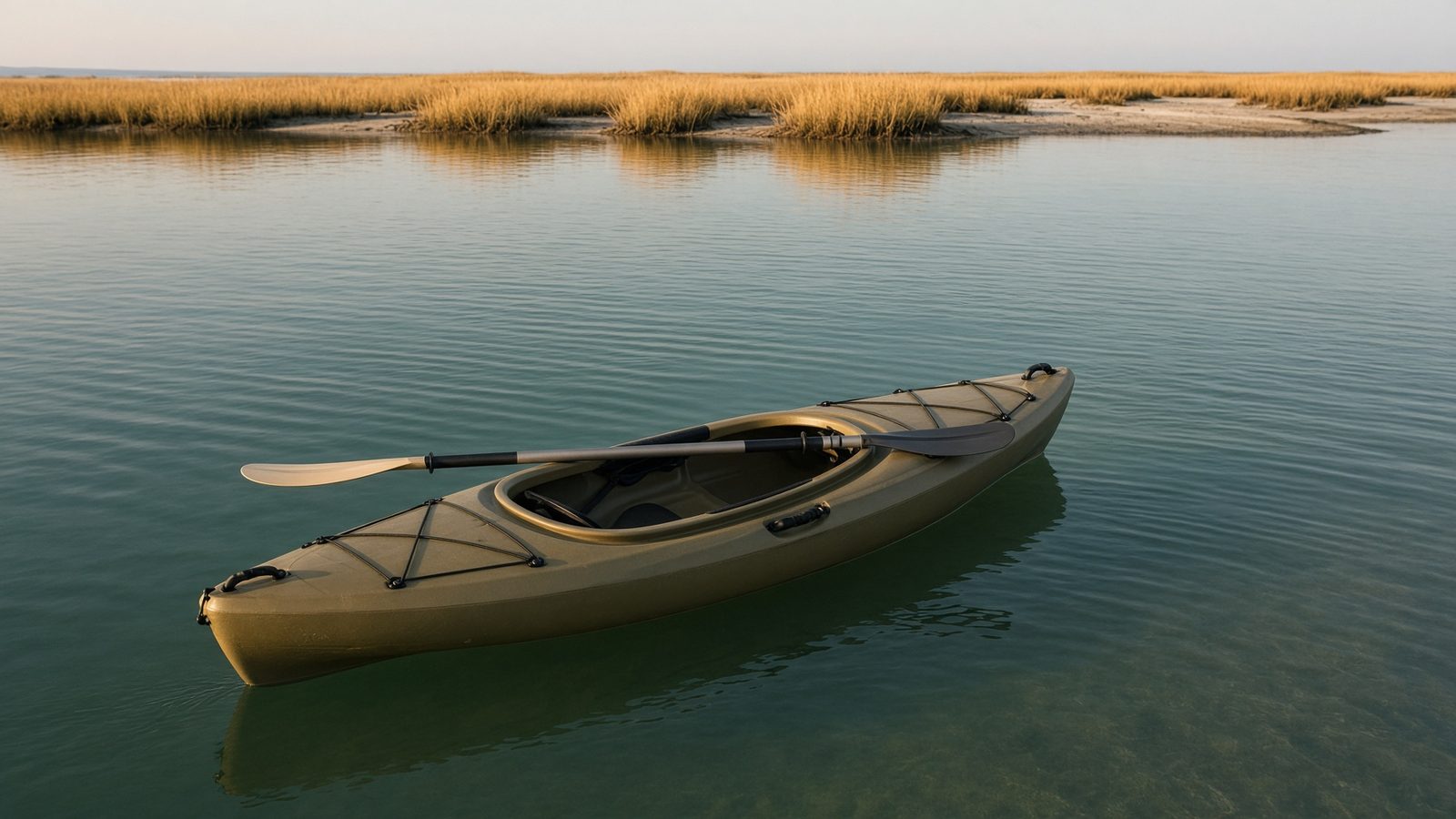 A recreational sit-on-top kayak resting on calm marsh water near Hatteras Island