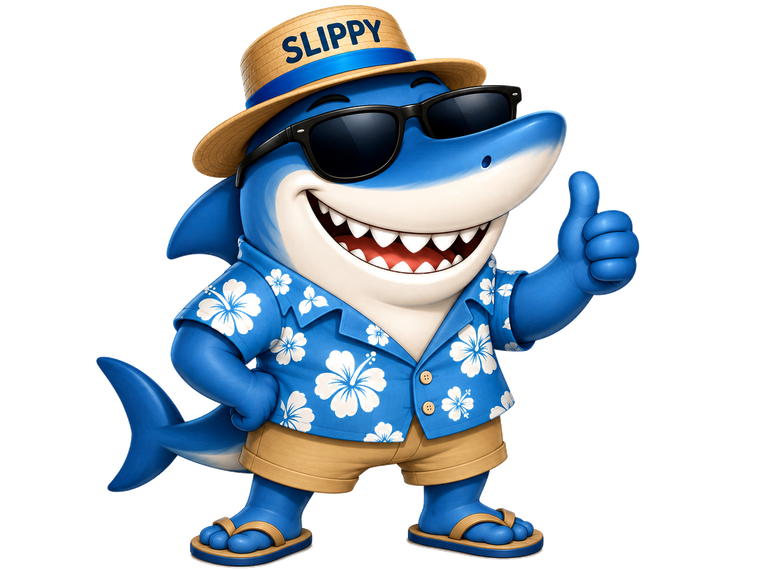 Slippy the Shark, a friendly cartoon shark in a sun hat, sunglasses, and Hawaiian shirt giving a thumbs up